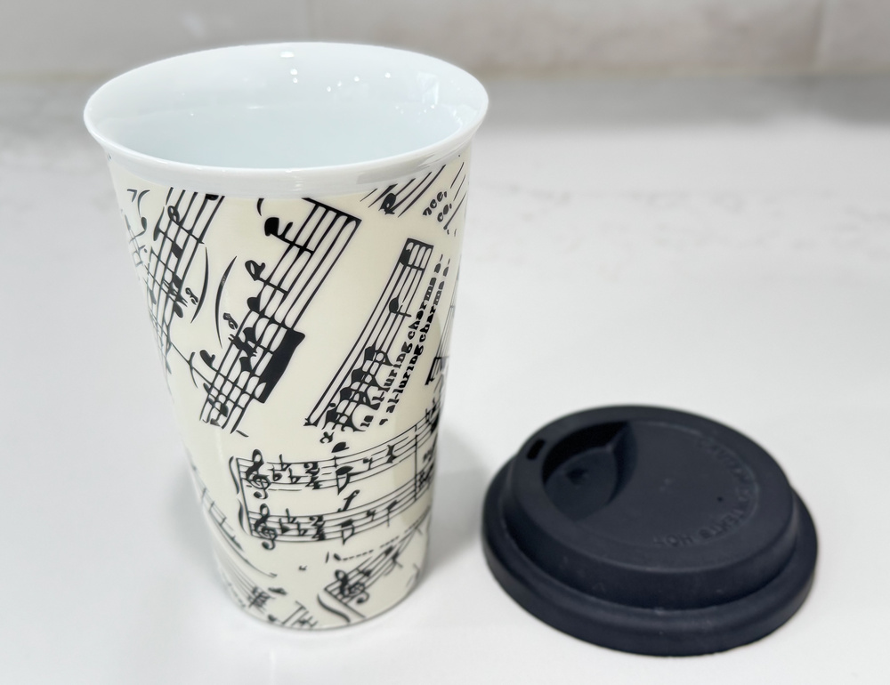 Ciroa Travel Mug Music Notes White Porcelain Coffee Tumbler Cup Lid Australia